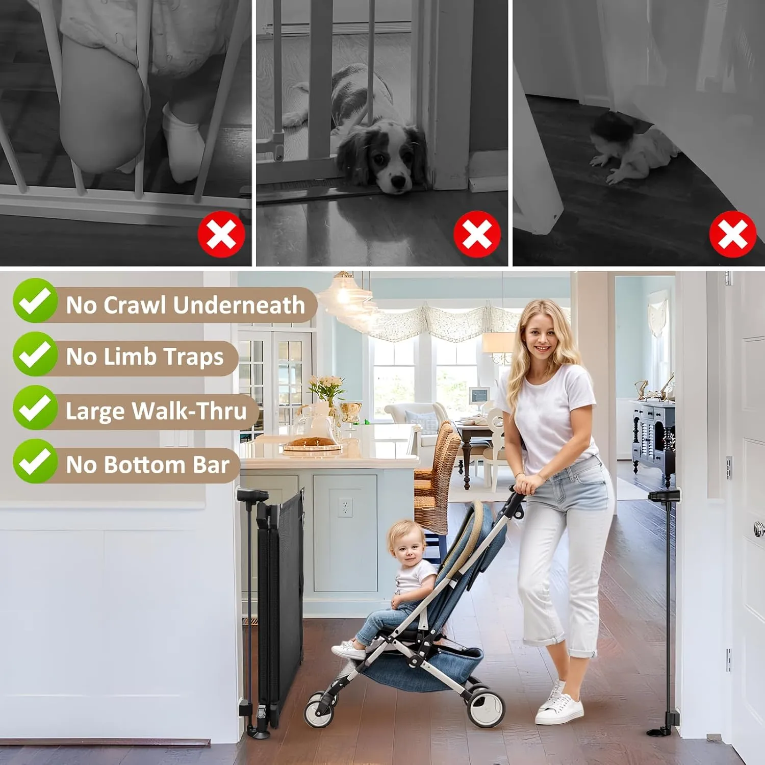 GRENFU 28" Tall No Drill Baby Gate No Bottom Bar, Sliding Dog Gate for Stairs No Drilling Expandable Baby Gate with Dual-Opening Walk Thru Door, 32-55" Adjustable Width & Angle Mesh Pet Gate, Black