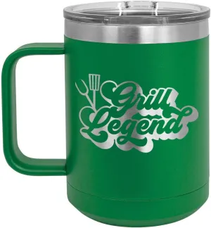 Grill Legend B GREEN 15 oz Coffee Cup w/Slide Top Lid | Insulated Travel Coffee Mug | BBQ & Grilling Gift Idea For Men Who Have Everything, Dad & Grandpa | Compare To Yeti Rambler | ONLYGIFTS.COM