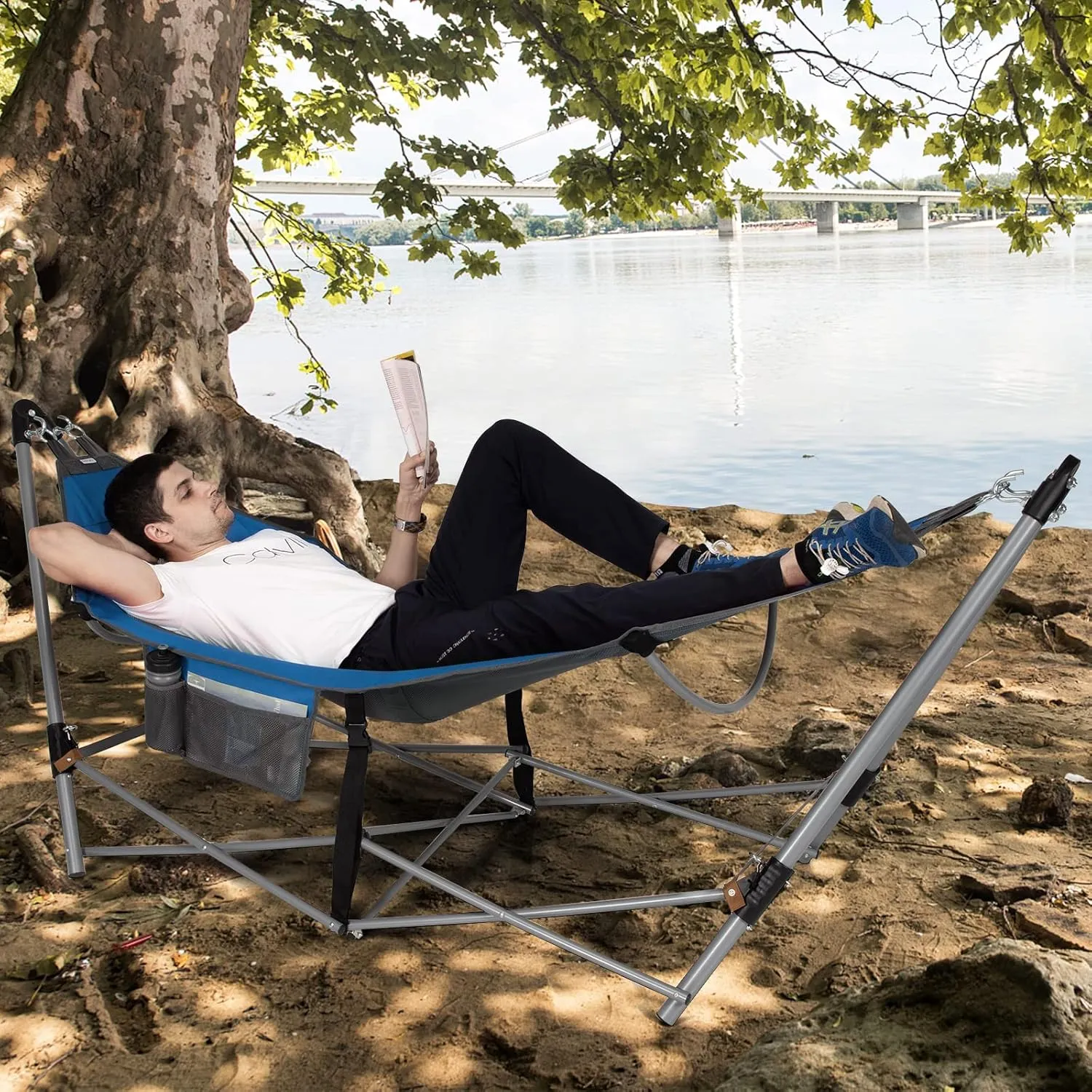 GYMAX Hammock with Stand Included, Camping Hammock with Carrying Bag & Storage Pocket, Portable Heavy Duty Self Standing Hammock, Indoor/Outdoor Hammock Chair for Patio Beach Yard Garden (Blue)