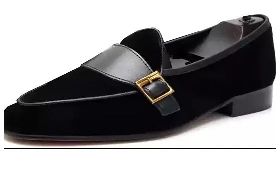 Handmade Men's Black Suede Monk Loafers Slip-On Shoes
