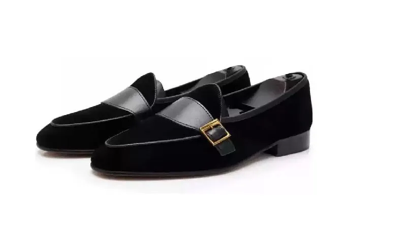 Handmade Men's Black Suede Monk Loafers Slip-On Shoes