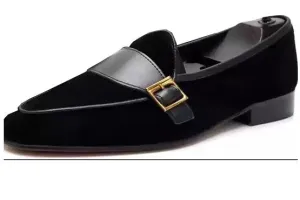 Handmade Men's Black Suede Monk Loafers Slip-On Shoes