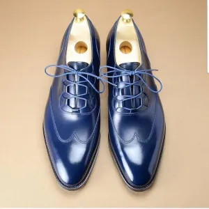 Handmade Men's Navy Blue Leather Wingtip Lace Up Dress Oxford Shoes