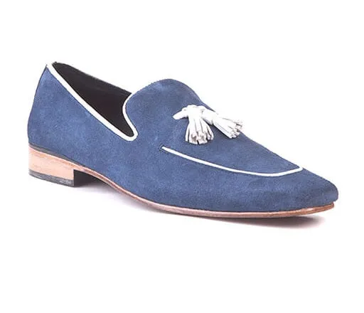 Handmade Navy Blue Suede Leather Tassel Loafers for Men