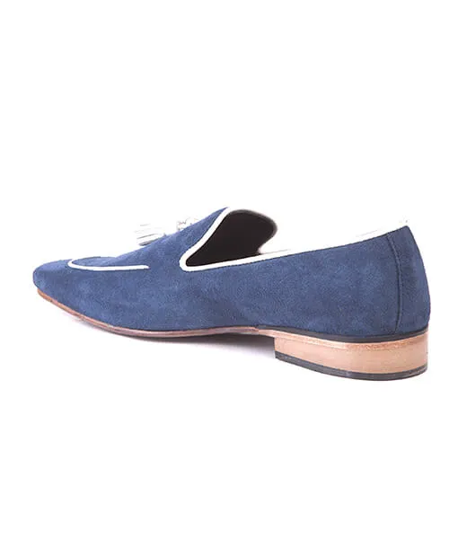 Handmade Navy Blue Suede Leather Tassel Loafers for Men