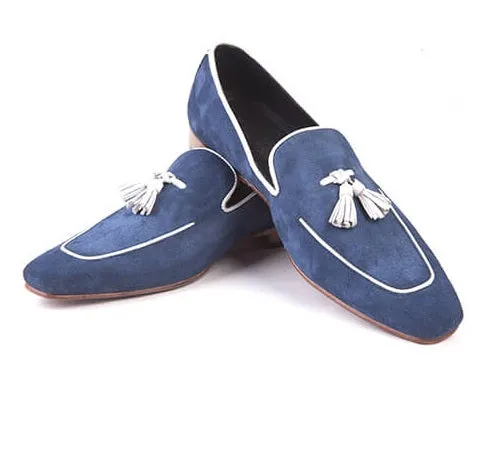 Handmade Navy Blue Suede Leather Tassel Loafers for Men