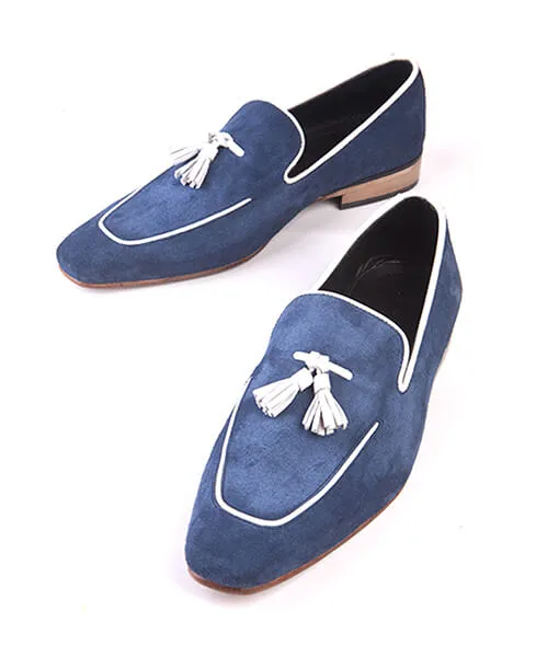 Handmade Navy Blue Suede Leather Tassel Loafers for Men