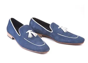 Handmade Navy Blue Suede Leather Tassel Loafers for Men