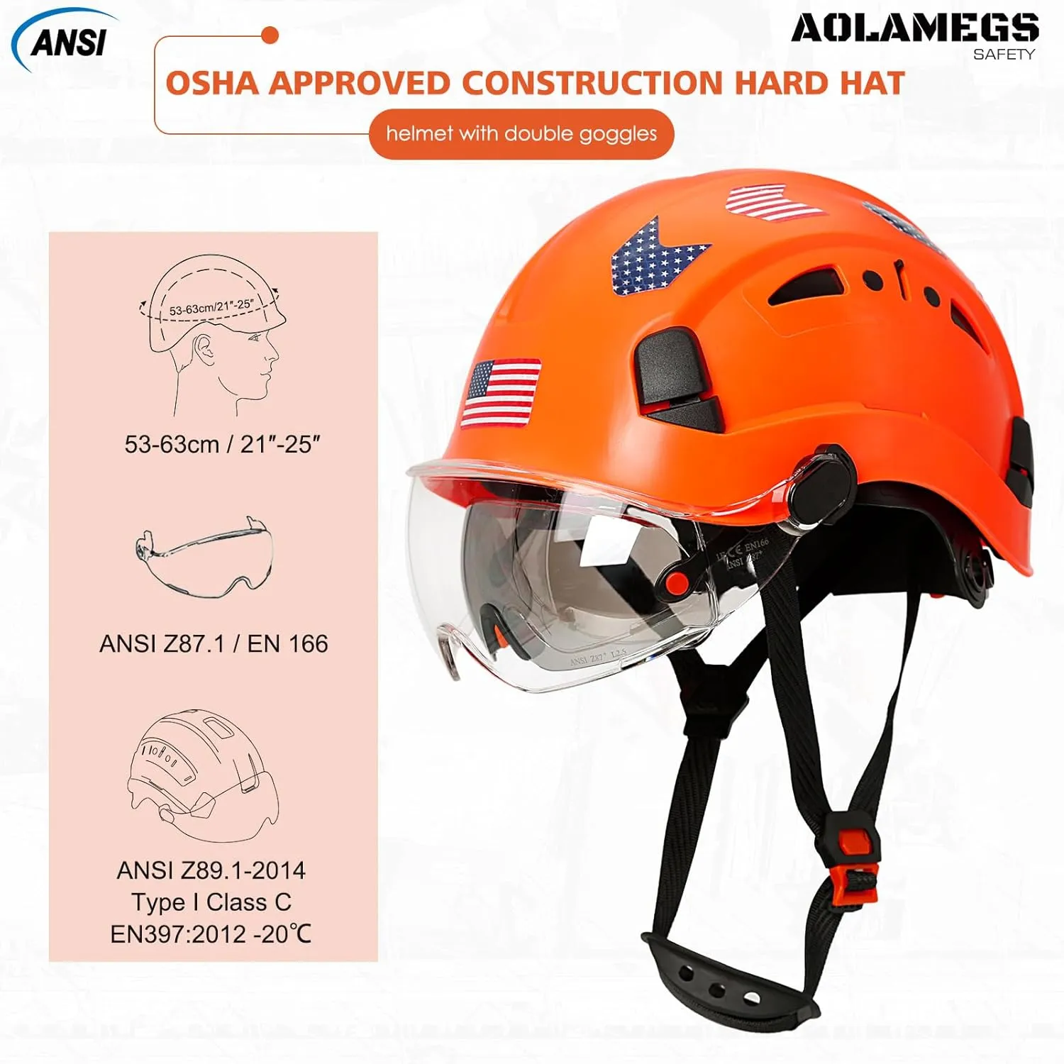 Hard Hats Construction OSHA Approved With Double Visor - Cascos De Construccion Vented Hard Hat With Clear and Tinted Visor Construction Safety Helmet Hat With Chin Straps 6pt Suspension