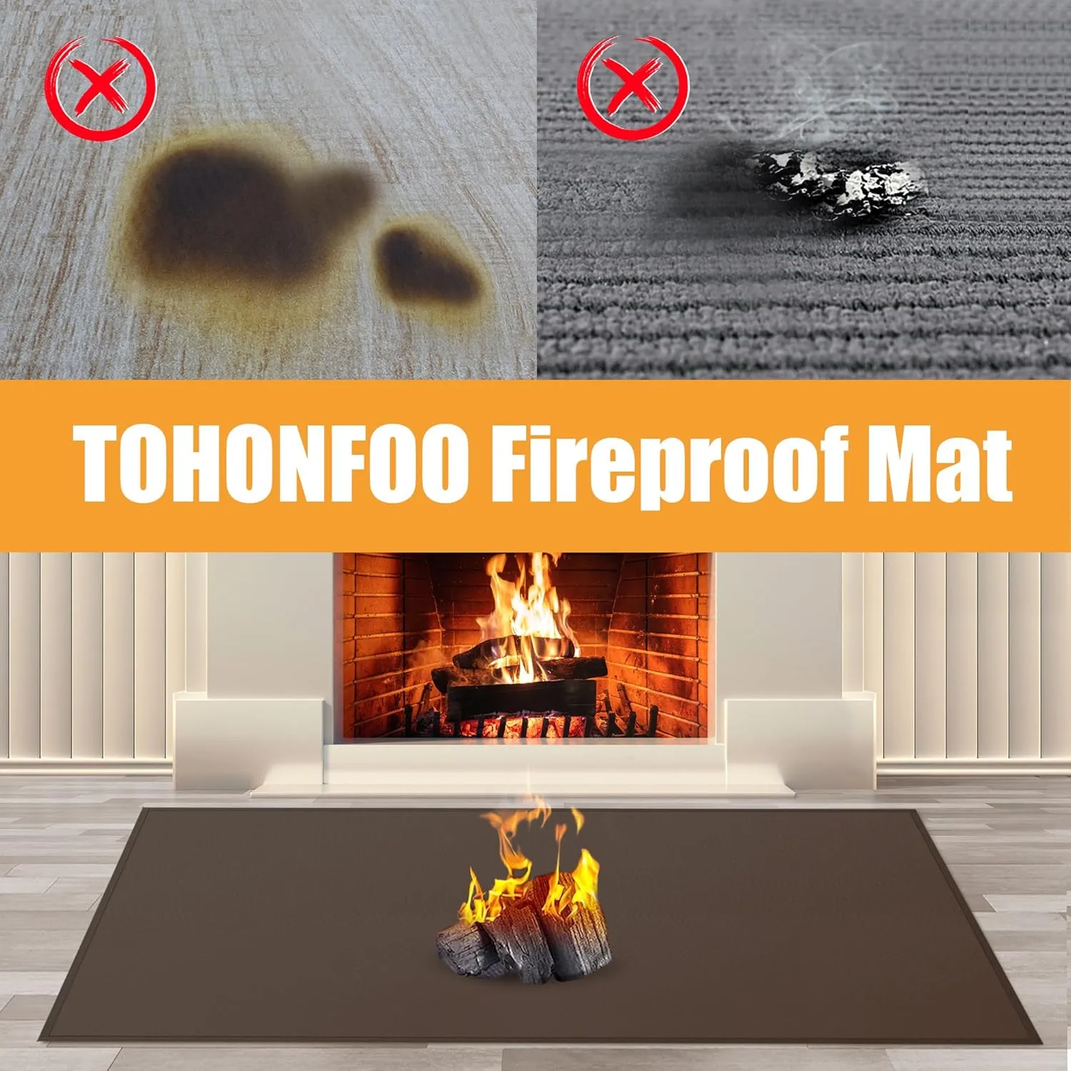 Hearth Rugs for Fireplaces Fire Resistant, 42 x 24 x 0.04 inch Fireproof Fireplace Mat Hearth Rug, Hearth Pads for Wood Stove Fireplace Indoor Outdoor, Protect Floors Carpets from Sparks Embers-Brown