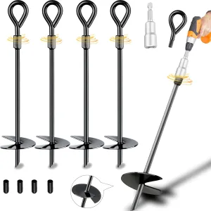 Heavy Duty Screw-In Ground Anchors with Power Drill Adapter, 14.5" Extra-Large Spiral Blades for Trampoline, Tents, Sheds – 4 Pack Wind-Resistant Earth Anchors (Hard/Frozen Soil)