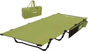 HEYTRIP Extra-Wide Camping Cot, Upgrade Sturdy Camping Bed, XXL Cots for Sleeping Support 500lb, Folding Cot with Side Pocket, Carry Bag Ultralight Backpacking Cot for Travel(Green)