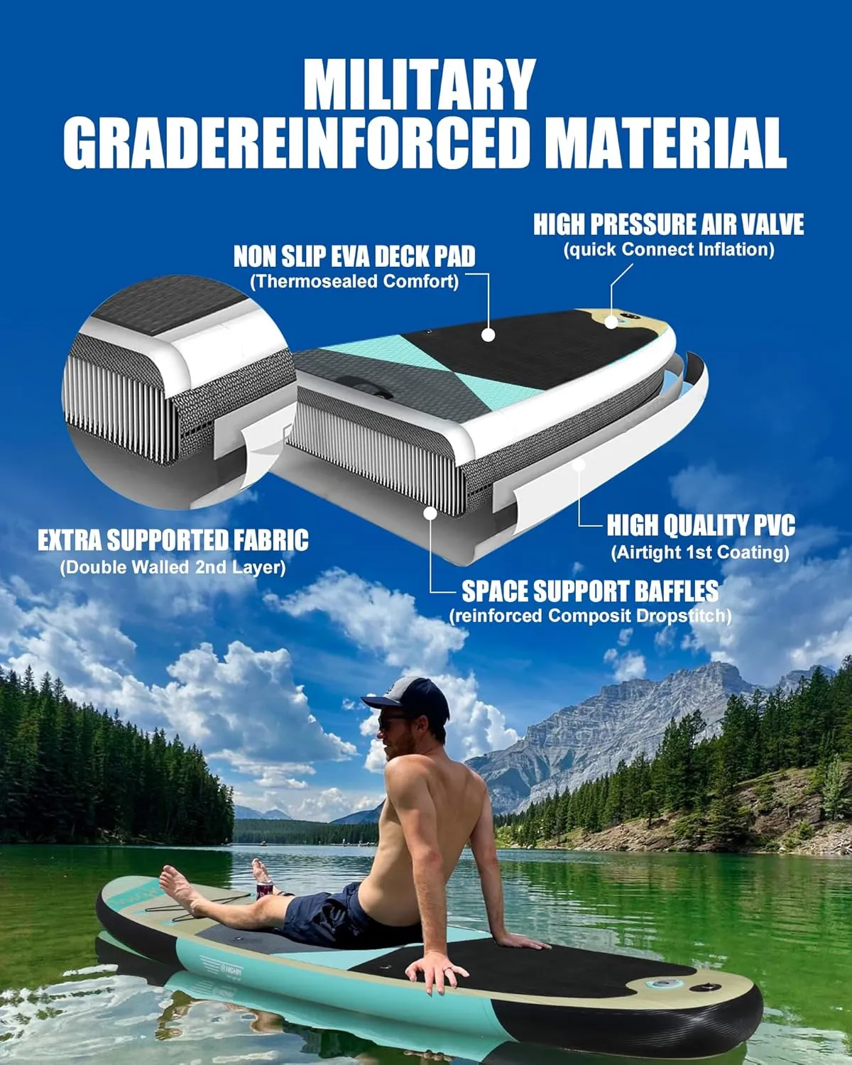 Highpi Inflatable Stand Up Paddle Board Premium SUP Accessories, Backpack, Wide Stance, Surf Control, Non-Slip Deck, Leash, Paddle and Pump, Standing Boat for Youth and Adult