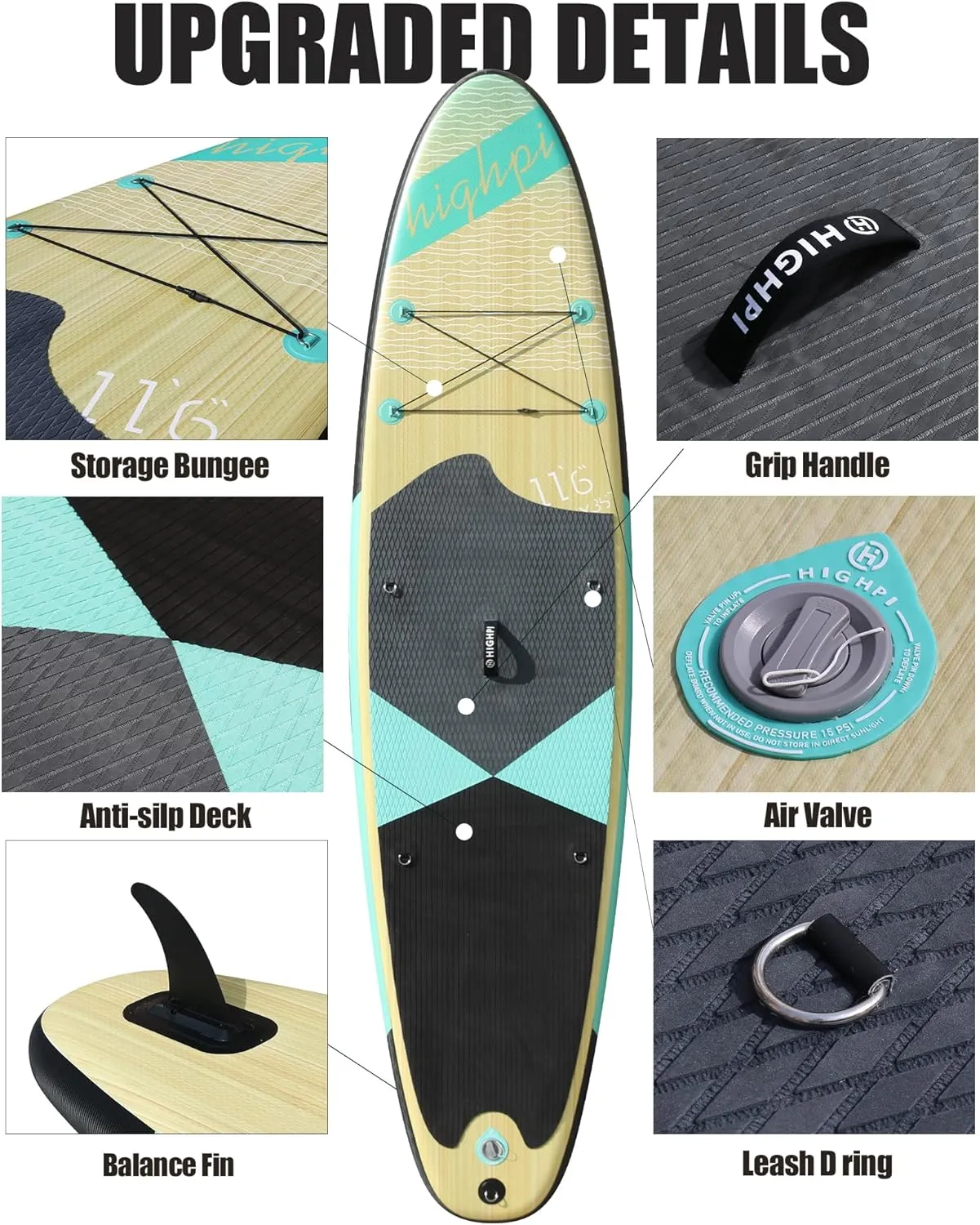 Highpi Inflatable Stand Up Paddle Board Premium SUP Accessories, Backpack, Wide Stance, Surf Control, Non-Slip Deck, Leash, Paddle and Pump, Standing Boat for Youth and Adult