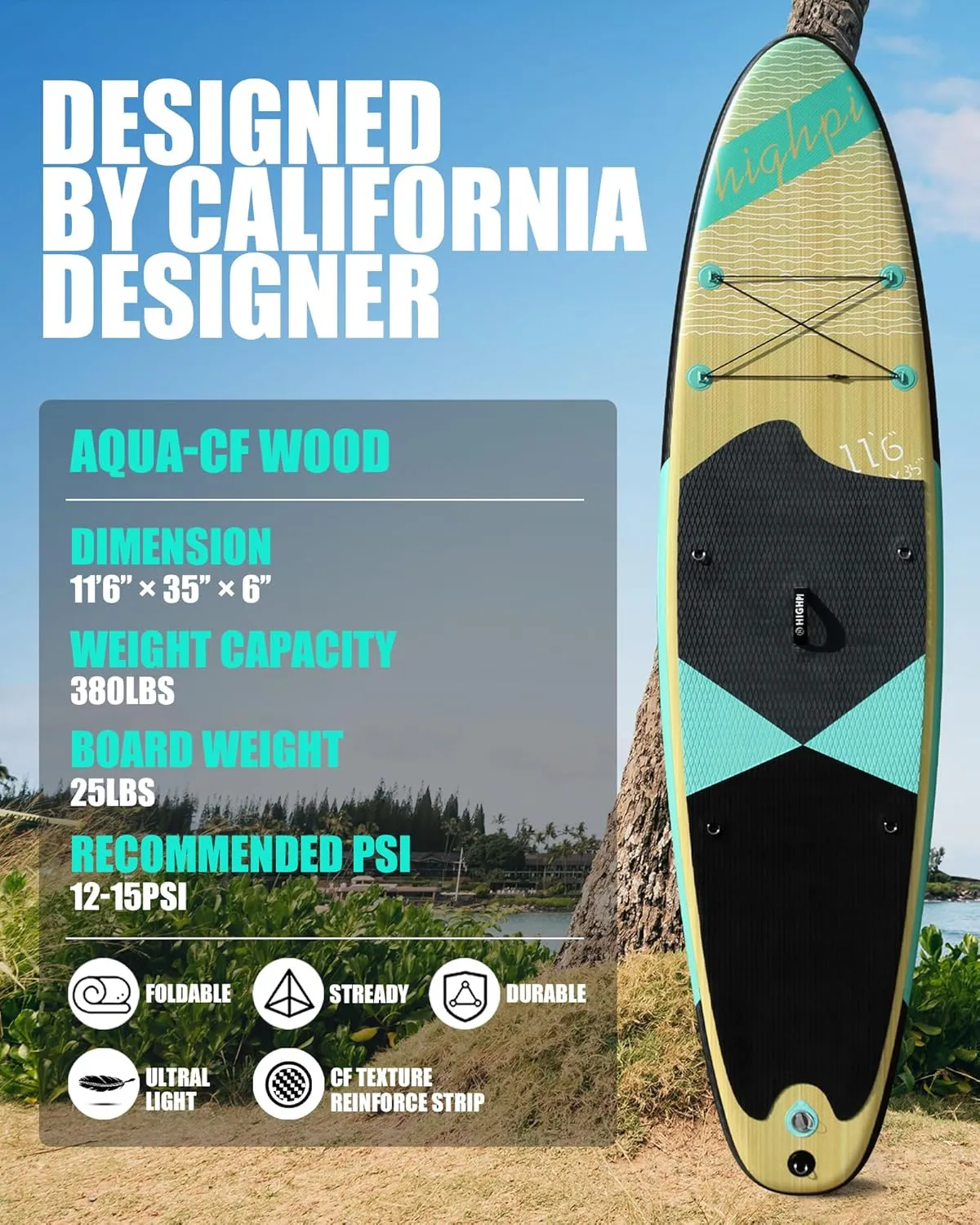 Highpi Inflatable Stand Up Paddle Board Premium SUP Accessories, Backpack, Wide Stance, Surf Control, Non-Slip Deck, Leash, Paddle and Pump, Standing Boat for Youth and Adult