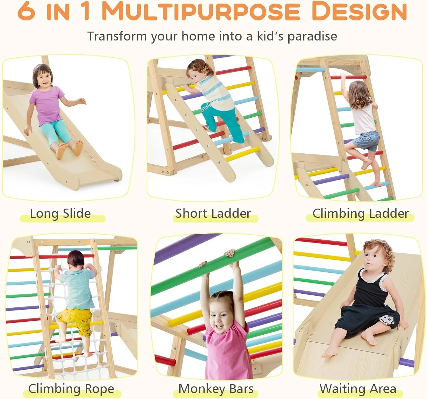 HONEY JOY Kids Indoor Jungle Gym, Large 6-in-1 Playground Climber with Slide Ramp, Monkey Bars, Climbing Net, Ladder, Wooden Montessori Climbing Toys for Toddlers Boys Girls (Colorful)