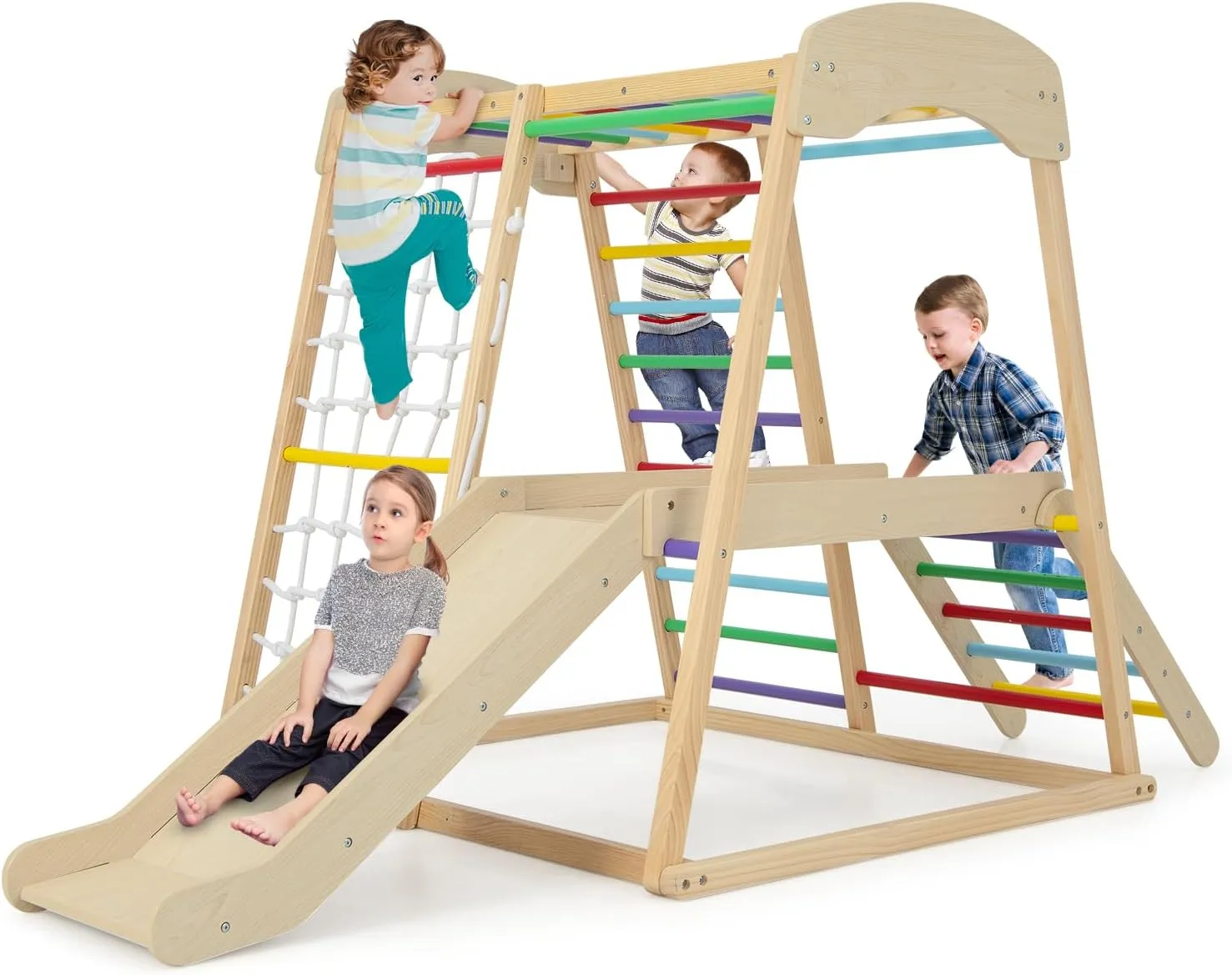HONEY JOY Kids Indoor Jungle Gym, Large 6-in-1 Playground Climber with Slide Ramp, Monkey Bars, Climbing Net, Ladder, Wooden Montessori Climbing Toys for Toddlers Boys Girls (Colorful)