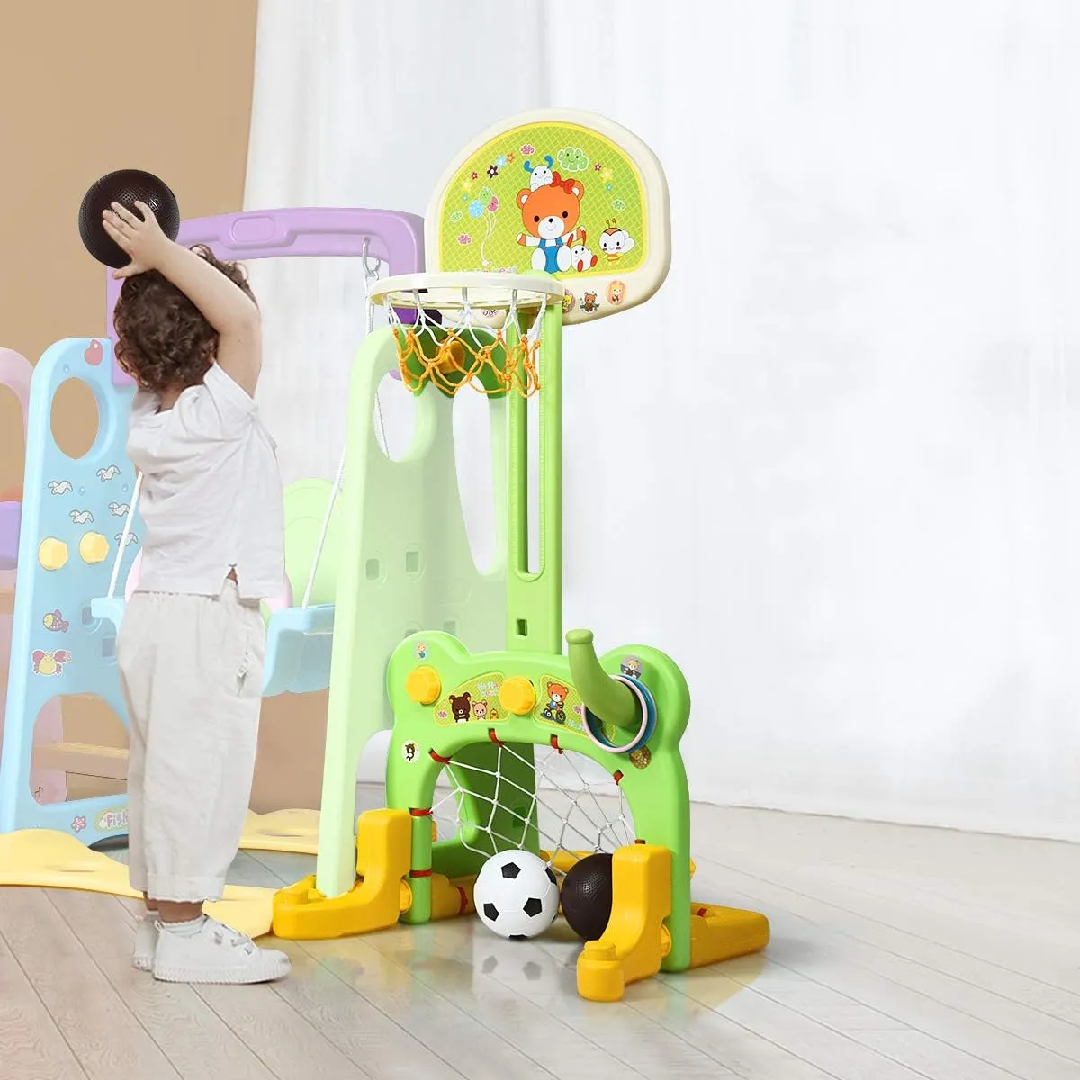 HONEY JOY Swing and Slide Set for Toddler, 4-in-1 Kids Play Climber Swing Playset w/Basketball Hoop, Extra Long Slide with Buffer Zone, Easy Setup Climb Stairs for Indoor Outdoor Games