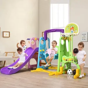 HONEY JOY Swing and Slide Set for Toddler, 4-in-1 Kids Play Climber Swing Playset w/Basketball Hoop, Extra Long Slide with Buffer Zone, Easy Setup Climb Stairs for Indoor Outdoor Games
