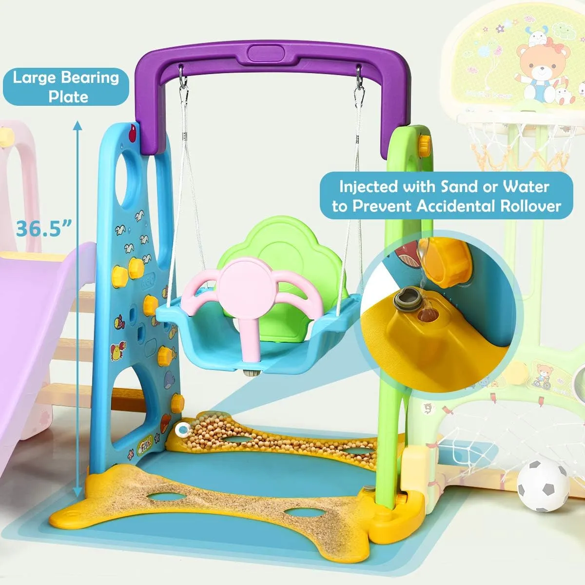 HONEY JOY Swing and Slide Set for Toddler, 4-in-1 Kids Play Climber Swing Playset w/Basketball Hoop, Extra Long Slide with Buffer Zone, Easy Setup Climb Stairs for Indoor Outdoor Games