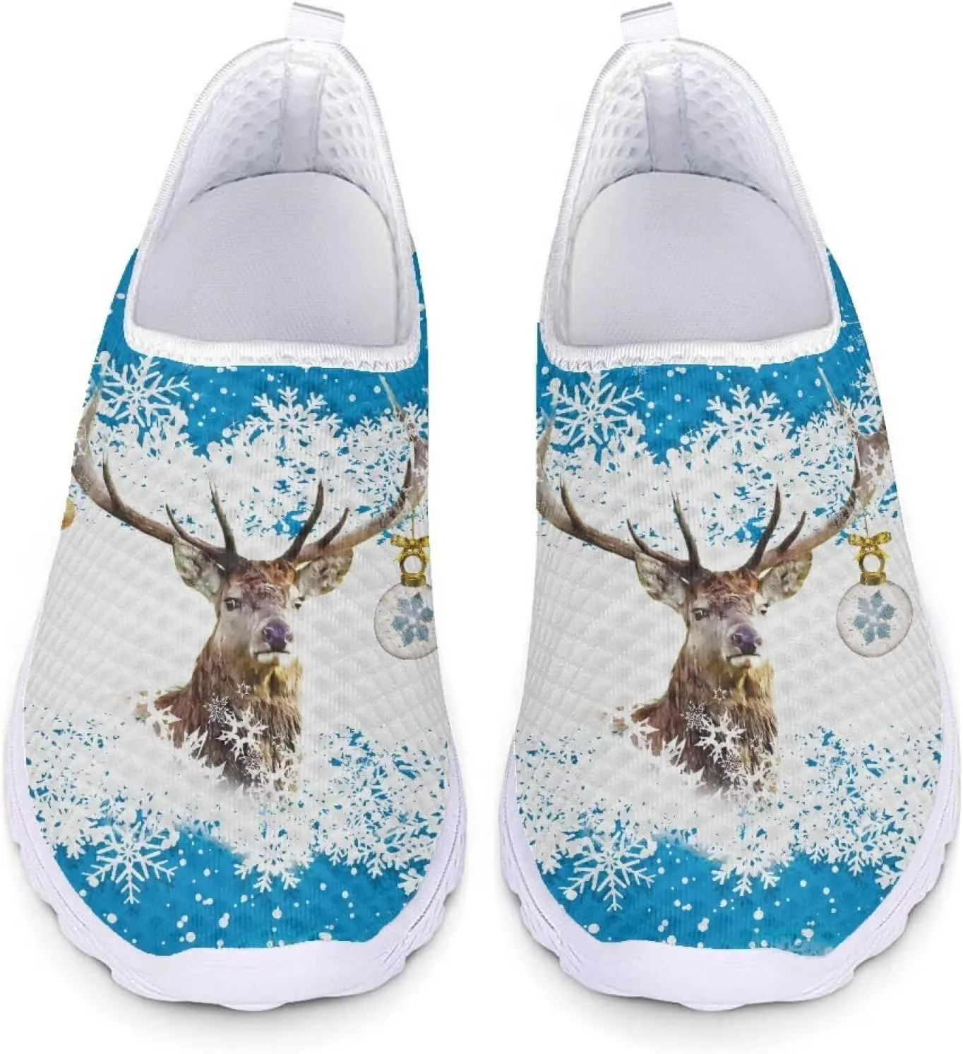HUIACONG Christmas Women Tennis Shoes Reindeer Snowflake Slip On Trainers for Ladies Lightweight Mesh Sneakers for Unisex Youth Loafers Daily Walking Yoga Leisure Trainers Size 12.5