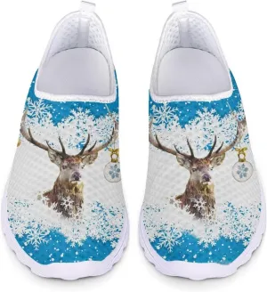 HUIACONG Christmas Women Tennis Shoes Reindeer Snowflake Slip On Trainers for Ladies Lightweight Mesh Sneakers for Unisex Youth Loafers Daily Walking Yoga Leisure Trainers Size 12.5