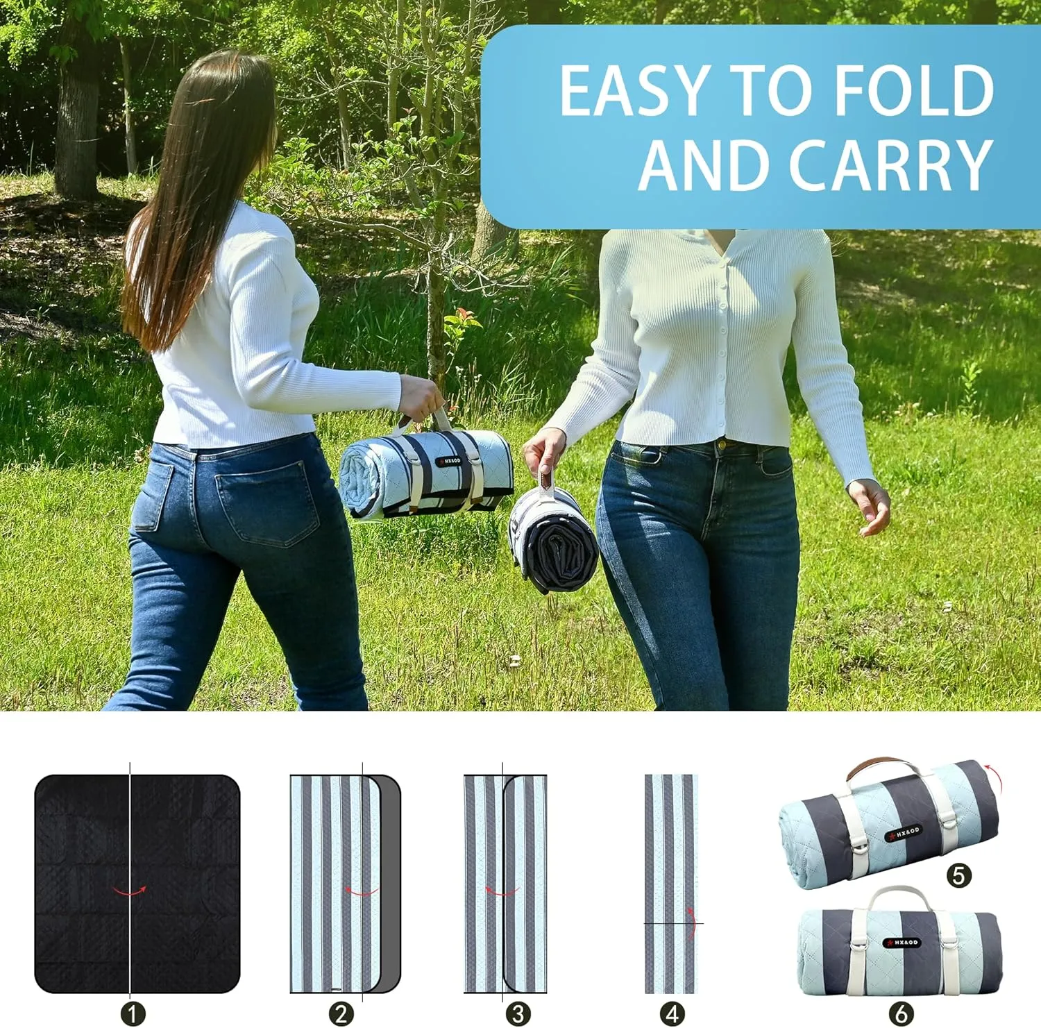 HX&OD Outdoor Picnic Blanket Extra Large, 80''*80'' Waterproof Picnic Mat with Stakes Foldable Camping Blanket Portable with Carry Strap for Beach Mat (Grey& Green, 80''*80'')