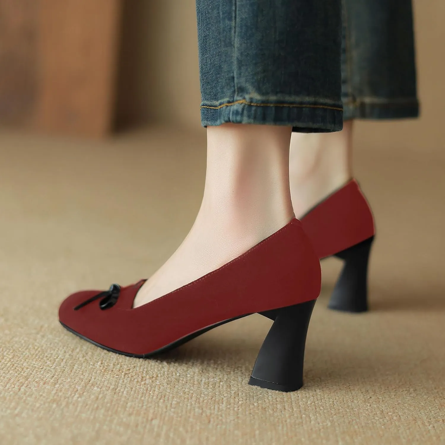iadore Women Fashion High Chunky Heel Shoes Retro Suede Bowknot Slip on Round Toe Comfortable Dress Pumps Size 5-12 US