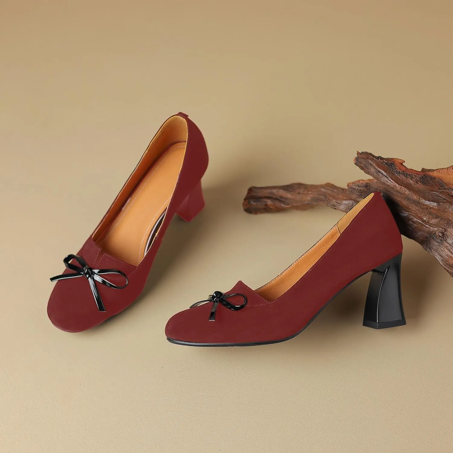 iadore Women Fashion High Chunky Heel Shoes Retro Suede Bowknot Slip on Round Toe Comfortable Dress Pumps Size 5-12 US