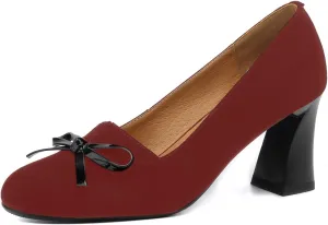 iadore Women Fashion High Chunky Heel Shoes Retro Suede Bowknot Slip on Round Toe Comfortable Dress Pumps Size 5-12 US