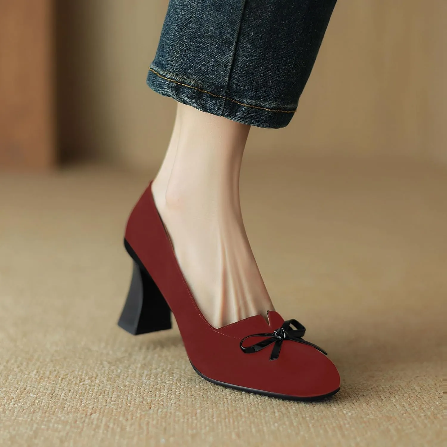 iadore Women Fashion High Chunky Heel Shoes Retro Suede Bowknot Slip on Round Toe Comfortable Dress Pumps Size 5-12 US