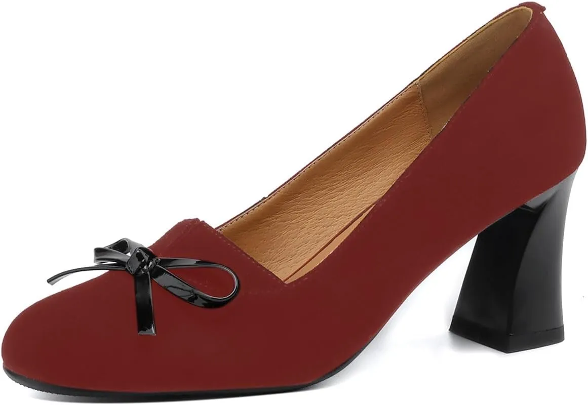 iadore Women Fashion High Chunky Heel Shoes Retro Suede Bowknot Slip on Round Toe Comfortable Dress Pumps Size 5-12 US