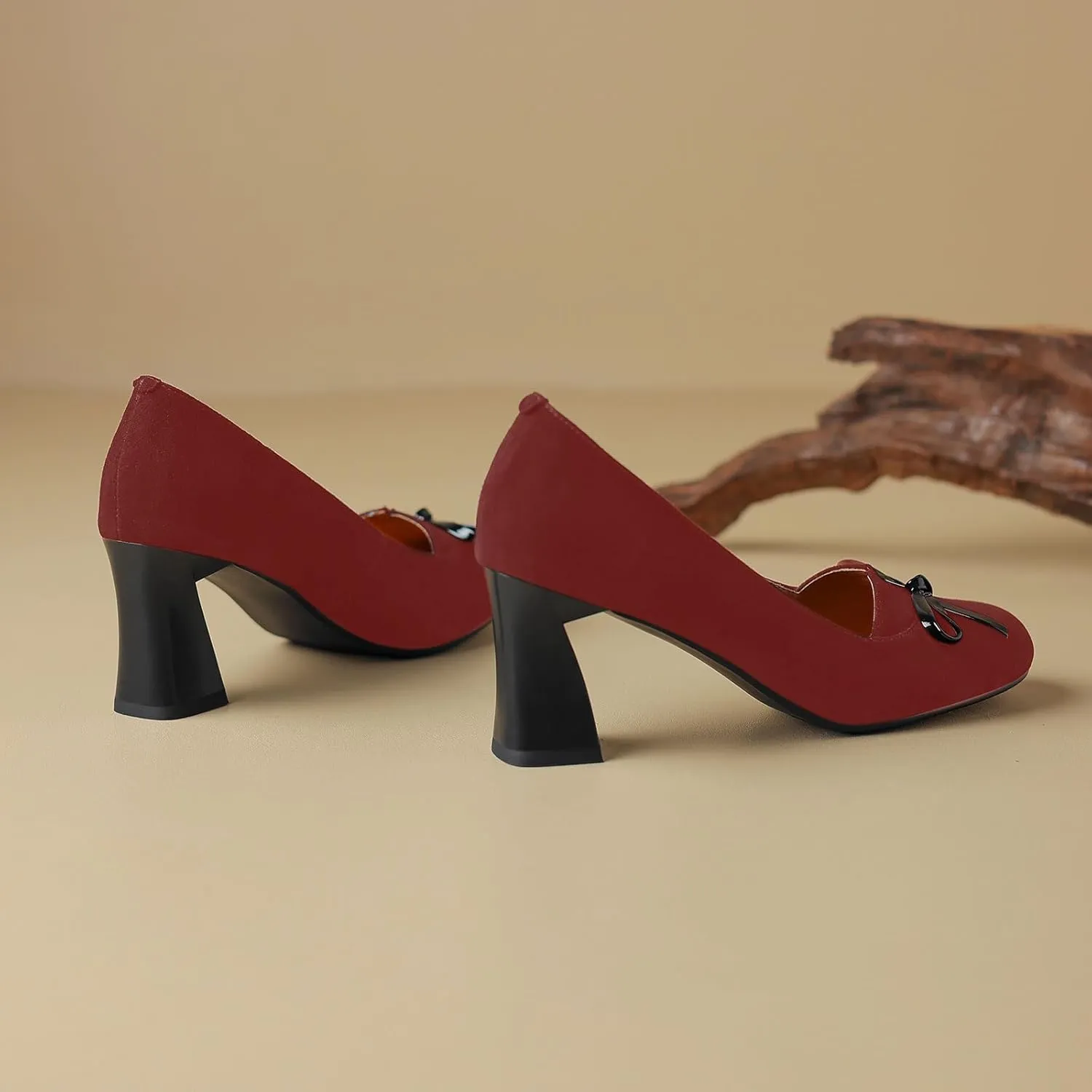 iadore Women Fashion High Chunky Heel Shoes Retro Suede Bowknot Slip on Round Toe Comfortable Dress Pumps Size 5-12 US