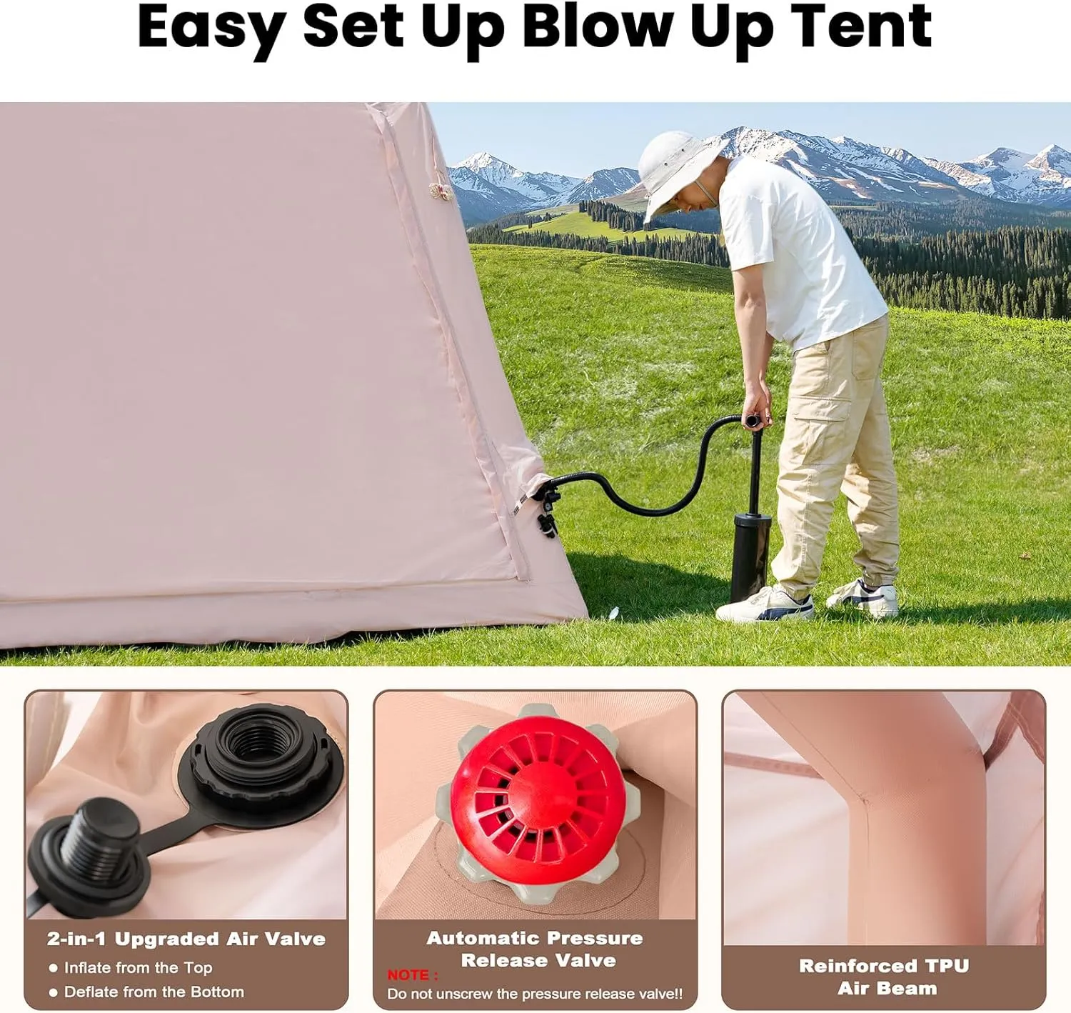 Inflatable Tents for Camping, Blow Up Tent with Hand Pump, Easy Setup Inflatable Hot Tent with Stove Jack, Waterproof Oxford Air Glamping Tents for Camping Adult 4-6 Person