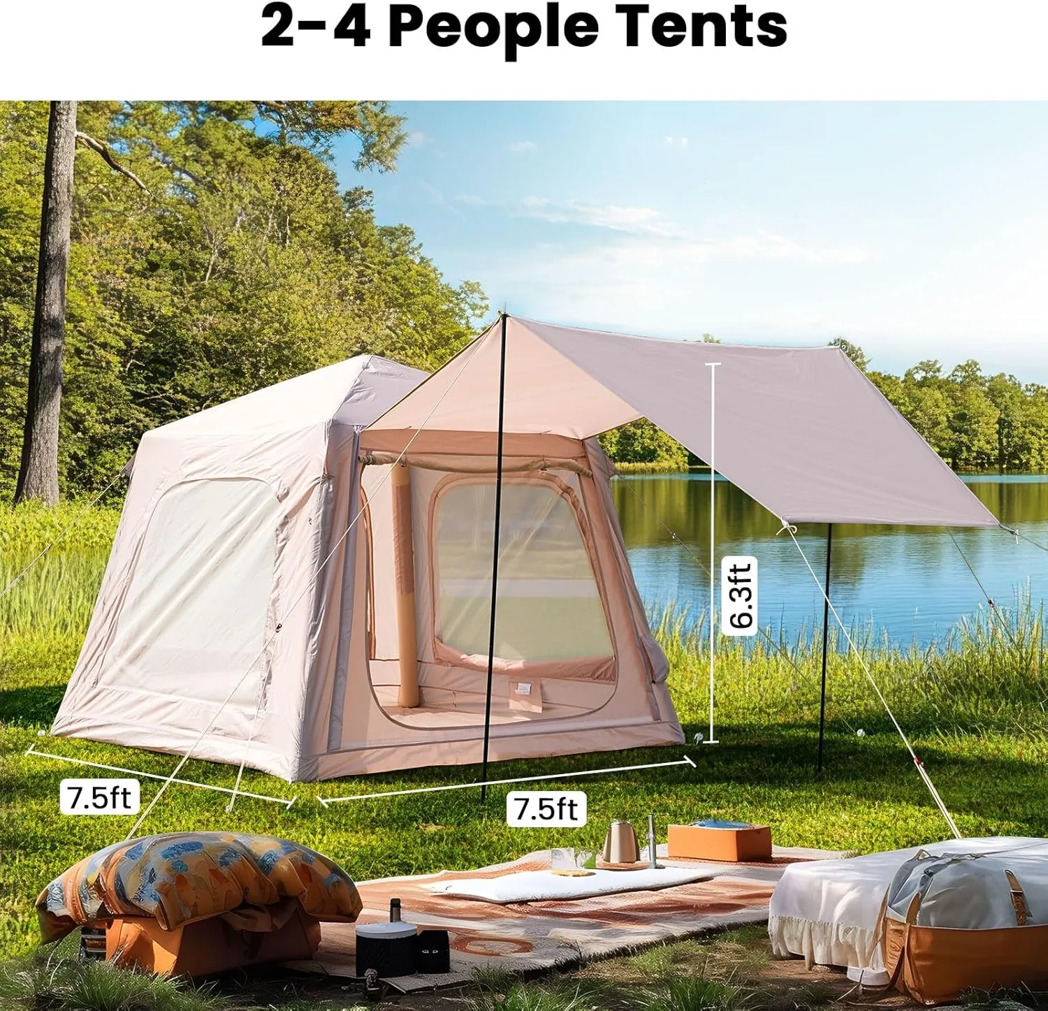 Inflatable Tents for Camping, Blow Up Tent with Hand Pump, Easy Setup Inflatable Hot Tent with Stove Jack, Waterproof Oxford Air Glamping Tents for Camping Adult 4-6 Person