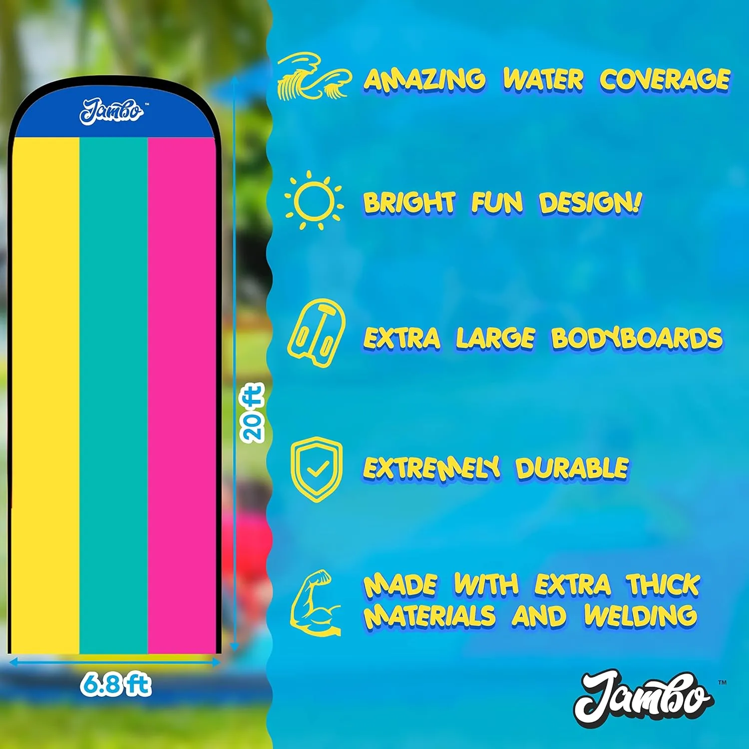 JAMBO 20Ft Premium Slip Splash and Slide with 3 Bodyboards, Heavy Duty Water Slide- Advanced 3-Way Water Sprinkler System, Backyard Waterslide Outdoor Water Toys n Slides for Kids Splash Pad
