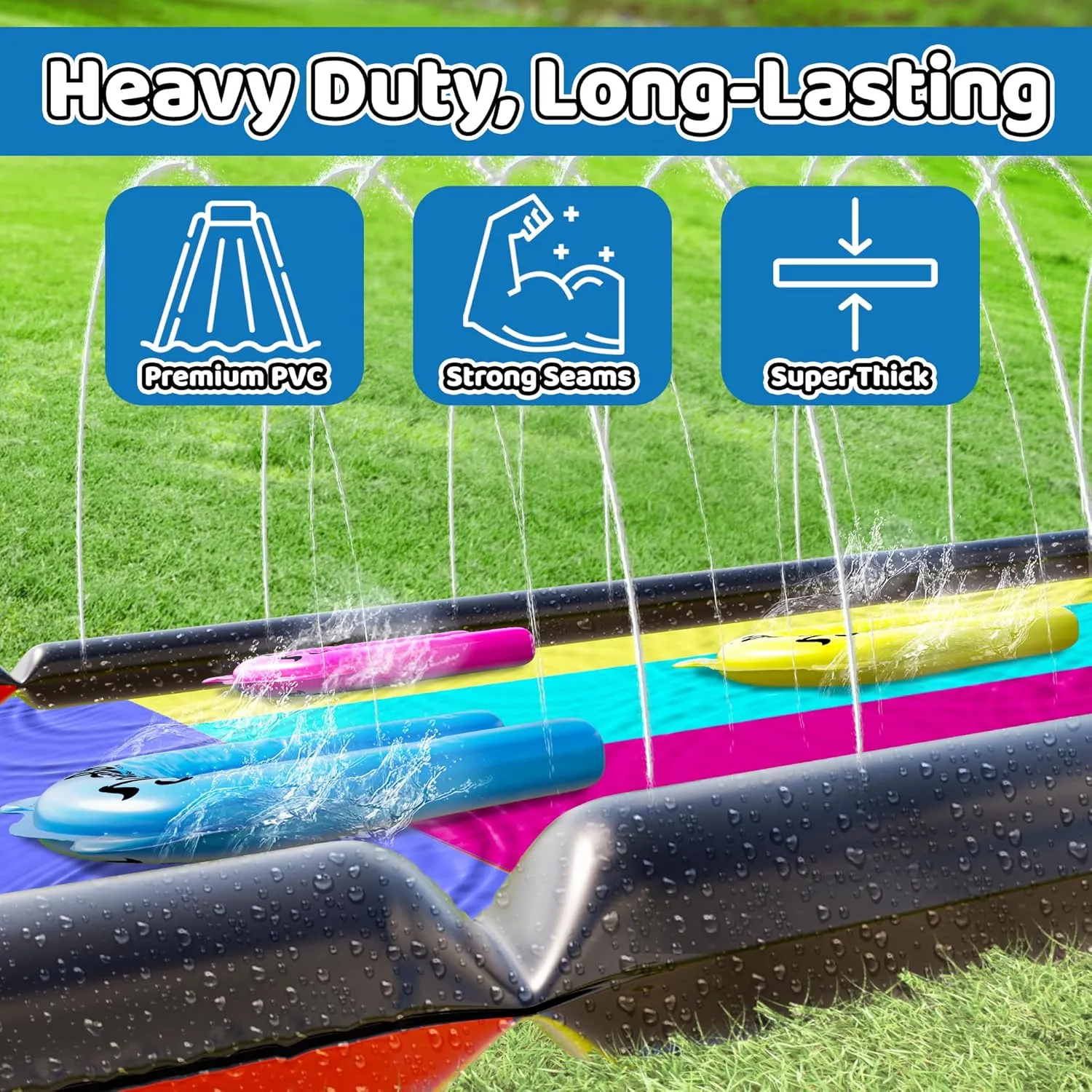 JAMBO 20Ft Premium Slip Splash and Slide with 3 Bodyboards, Heavy Duty Water Slide- Advanced 3-Way Water Sprinkler System, Backyard Waterslide Outdoor Water Toys n Slides for Kids Splash Pad