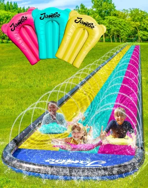 JAMBO 20Ft Premium Slip Splash and Slide with 3 Bodyboards, Heavy Duty Water Slide- Advanced 3-Way Water Sprinkler System, Backyard Waterslide Outdoor Water Toys n Slides for Kids Splash Pad