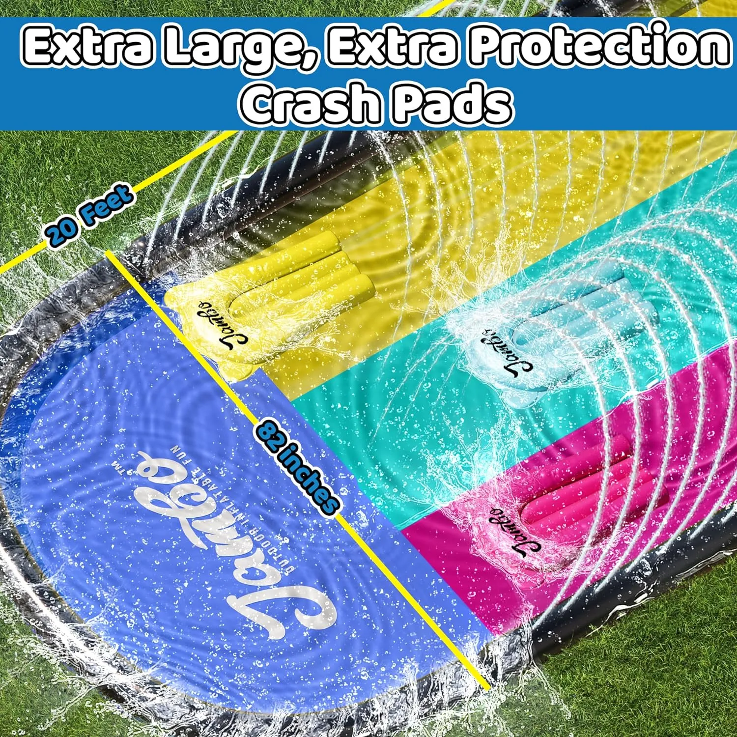 JAMBO 20Ft Premium Slip Splash and Slide with 3 Bodyboards, Heavy Duty Water Slide- Advanced 3-Way Water Sprinkler System, Backyard Waterslide Outdoor Water Toys n Slides for Kids Splash Pad
