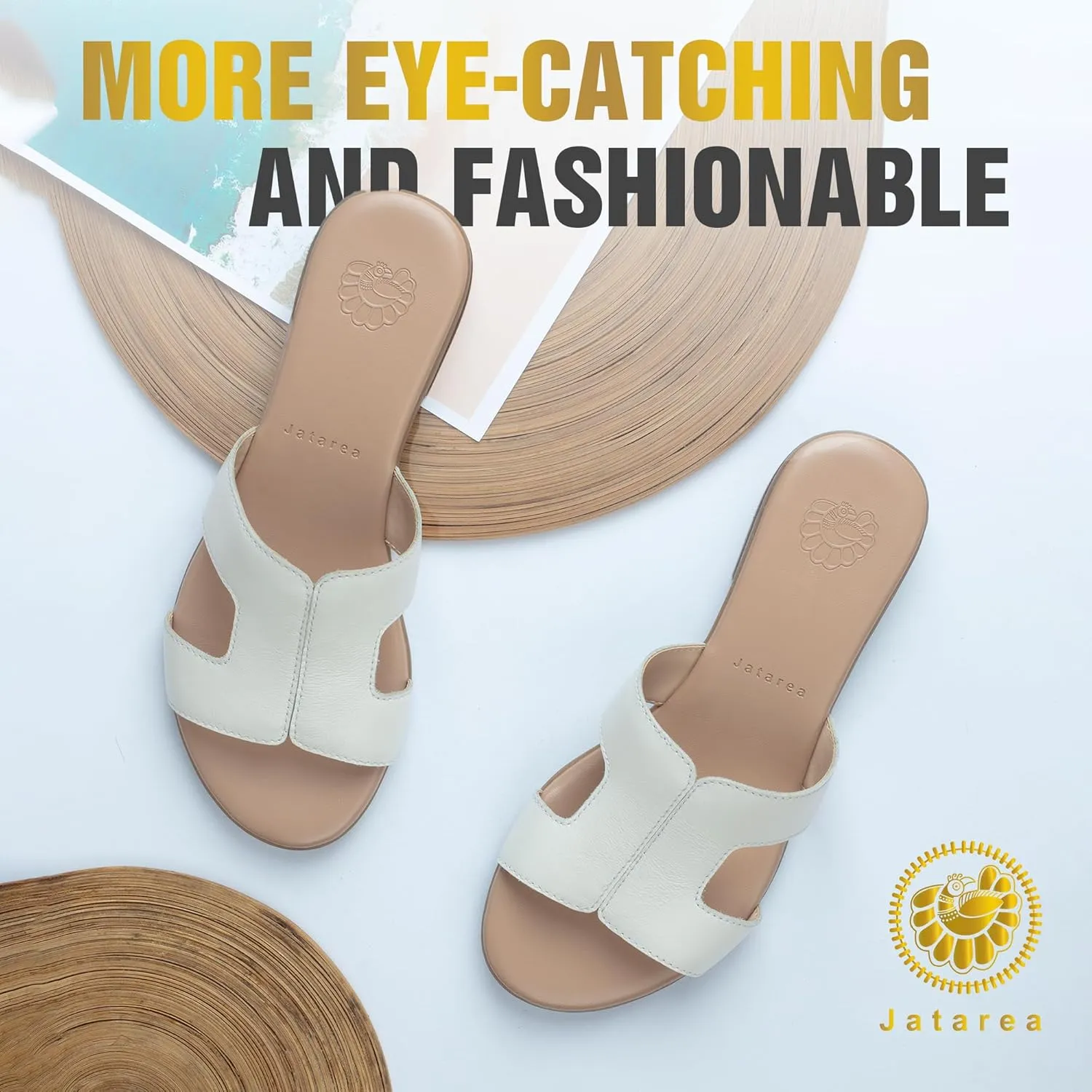 JATAREA Women Slip-On Flat Sandals | Softy Leather, Open-Toe Summer Outdoor Sandals - Chonchola