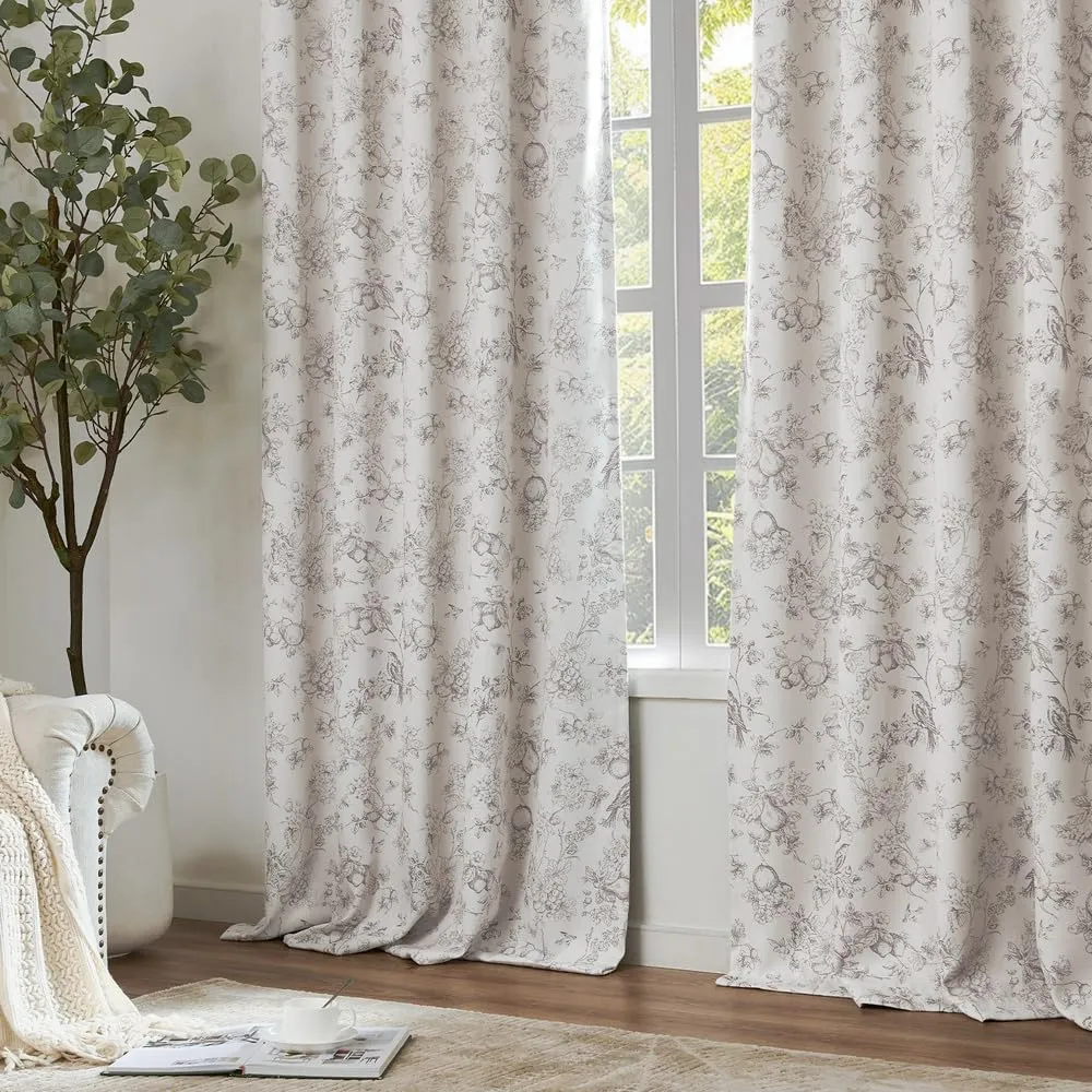 jinchan 100% Blackout Floral Curtains 96 Inches Long, Printed Flower Taupe Blackout Curtains for Bedroom Rod Pocket Back Tab Full Blackout Curtains Thermal Insulated Window Drapes, 2 Panels Taupe