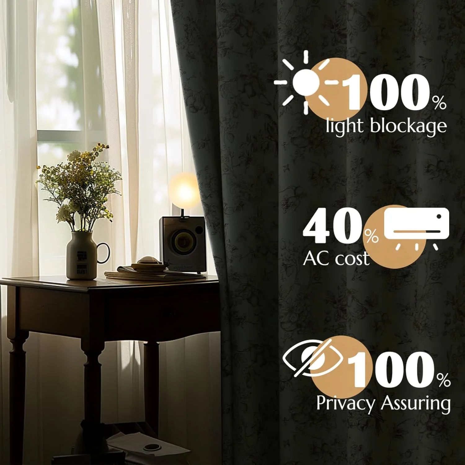 jinchan 100% Blackout Floral Curtains 96 Inches Long, Printed Flower Taupe Blackout Curtains for Bedroom Rod Pocket Back Tab Full Blackout Curtains Thermal Insulated Window Drapes, 2 Panels Taupe