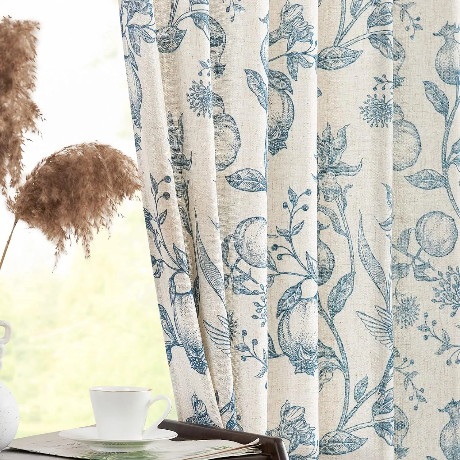 jinchan Linen Curtains Floral Curtain for Living Room 84 Inch Long Blue French Rod Pocket Light Filtering Toile Print Farmhouse Bedroom Curtains Window Drapes Set 2 Panels