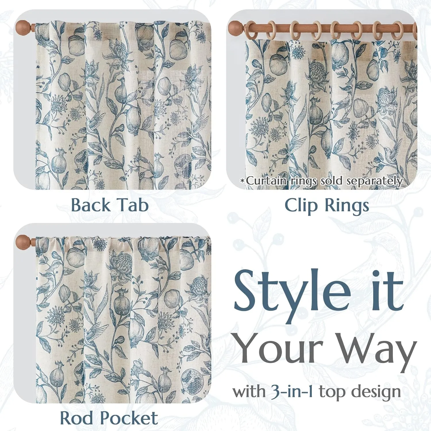 jinchan Linen Curtains Floral Curtain for Living Room 84 Inch Long Blue French Rod Pocket Light Filtering Toile Print Farmhouse Bedroom Curtains Window Drapes Set 2 Panels