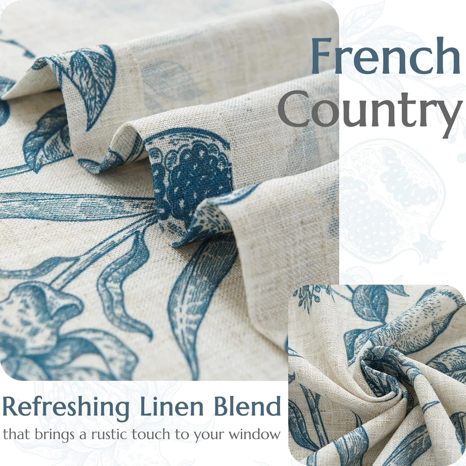jinchan Linen Curtains Floral Curtain for Living Room 84 Inch Long Blue French Rod Pocket Light Filtering Toile Print Farmhouse Bedroom Curtains Window Drapes Set 2 Panels