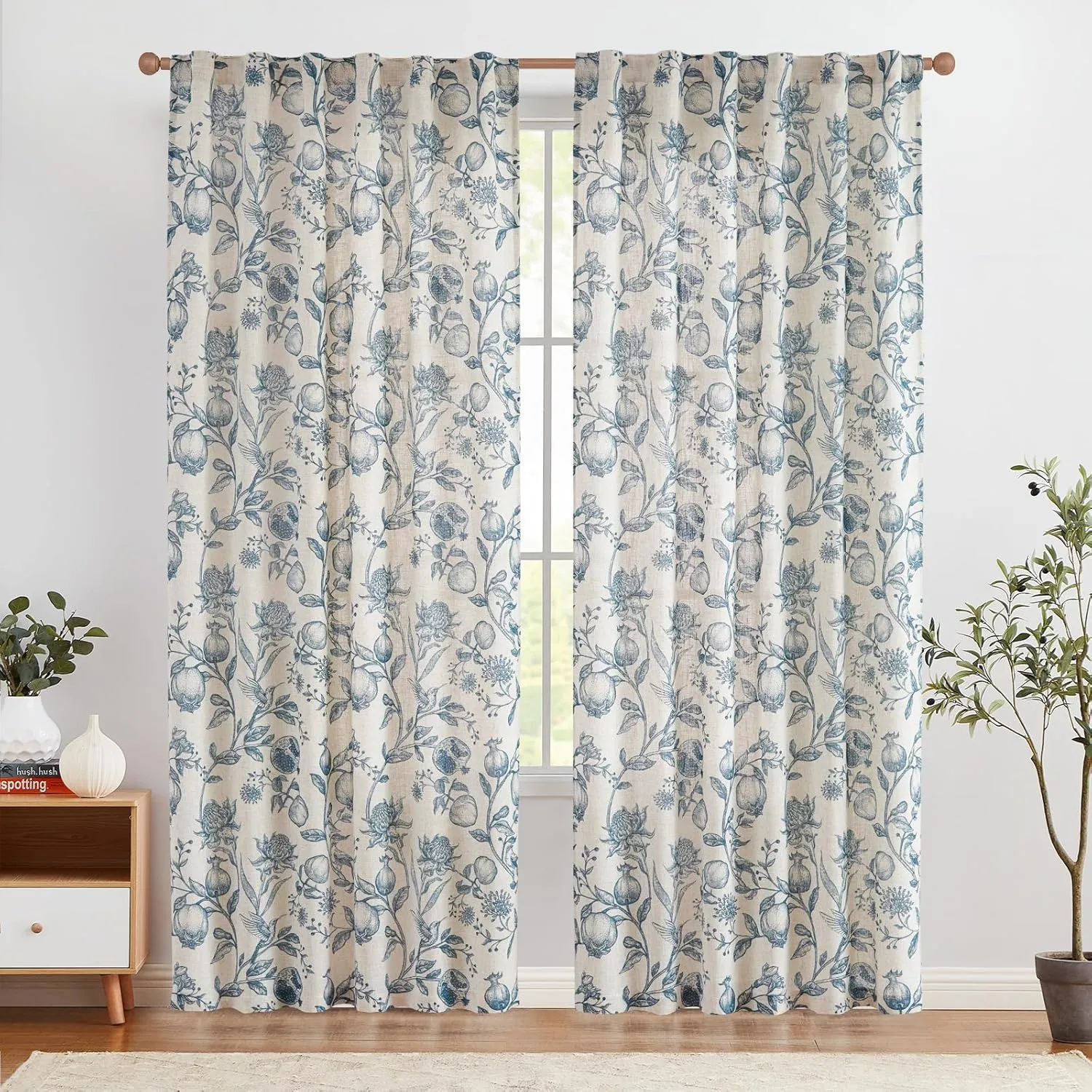 jinchan Linen Curtains Floral Curtain for Living Room 84 Inch Long Blue French Rod Pocket Light Filtering Toile Print Farmhouse Bedroom Curtains Window Drapes Set 2 Panels