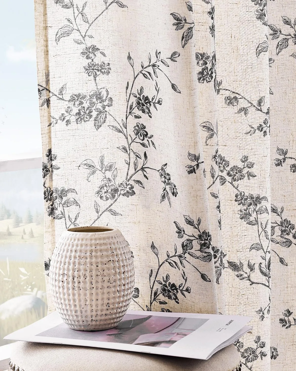 jinchan Linen Floral Curtains for Living Room 63 Inch Length Black Printed Curtains Back Tab French Country Farmhouse Flower Patterned Drapes Bedroom Window Curtain Set 2 Panels