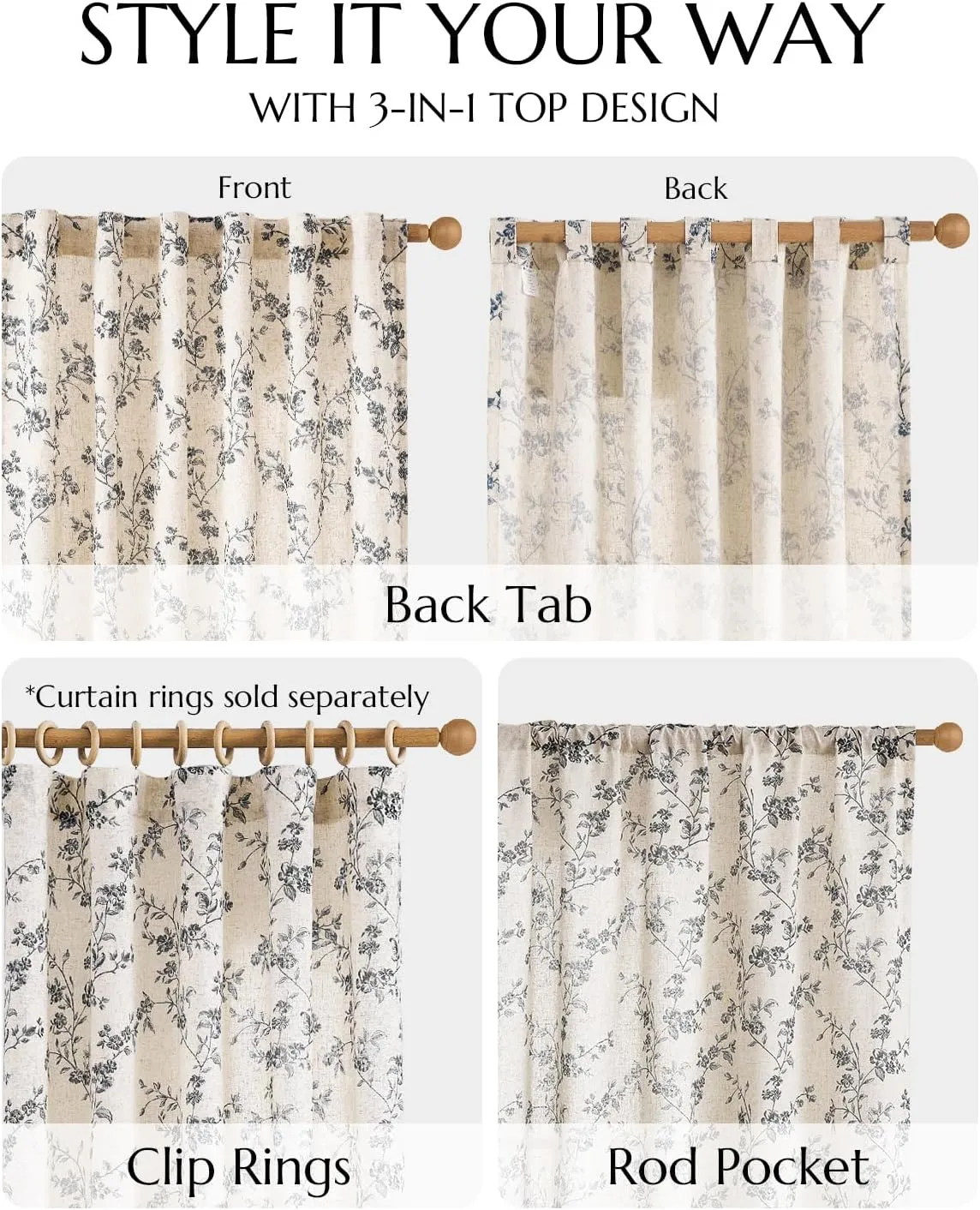 jinchan Linen Floral Curtains for Living Room 63 Inch Length Black Printed Curtains Back Tab French Country Farmhouse Flower Patterned Drapes Bedroom Window Curtain Set 2 Panels