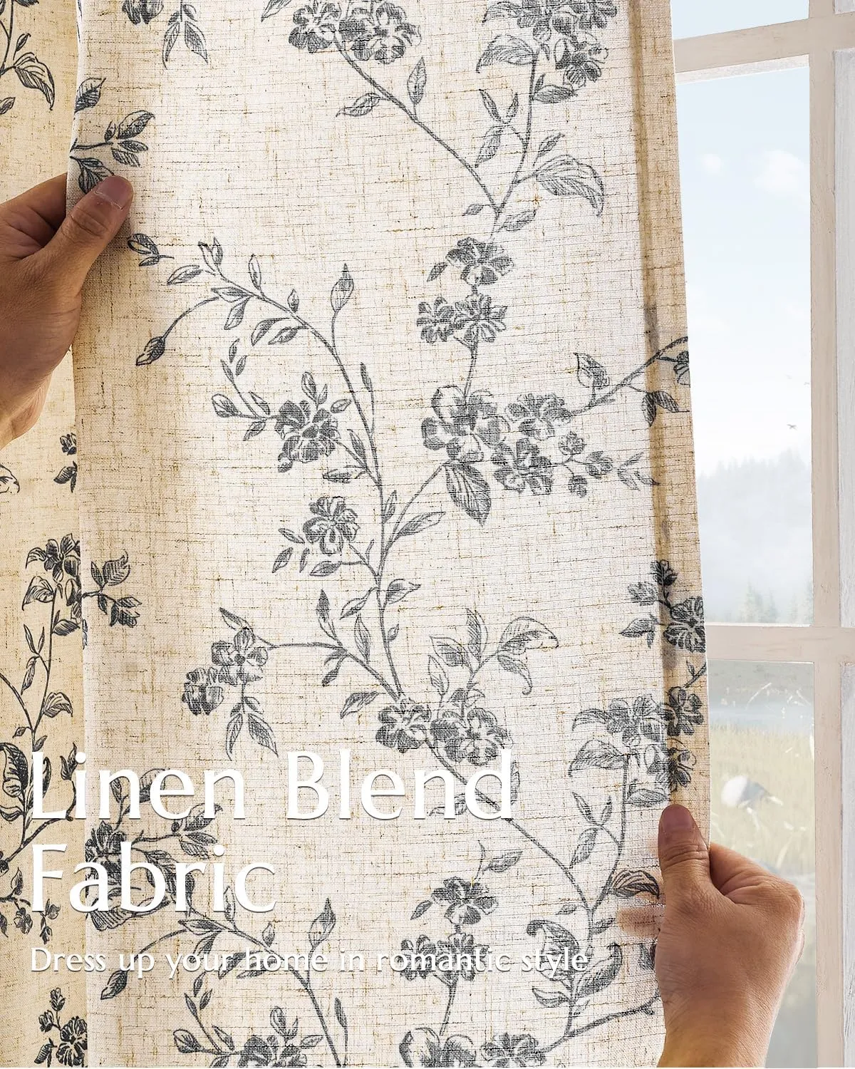 jinchan Linen Floral Curtains for Living Room 63 Inch Length Black Printed Curtains Back Tab French Country Farmhouse Flower Patterned Drapes Bedroom Window Curtain Set 2 Panels