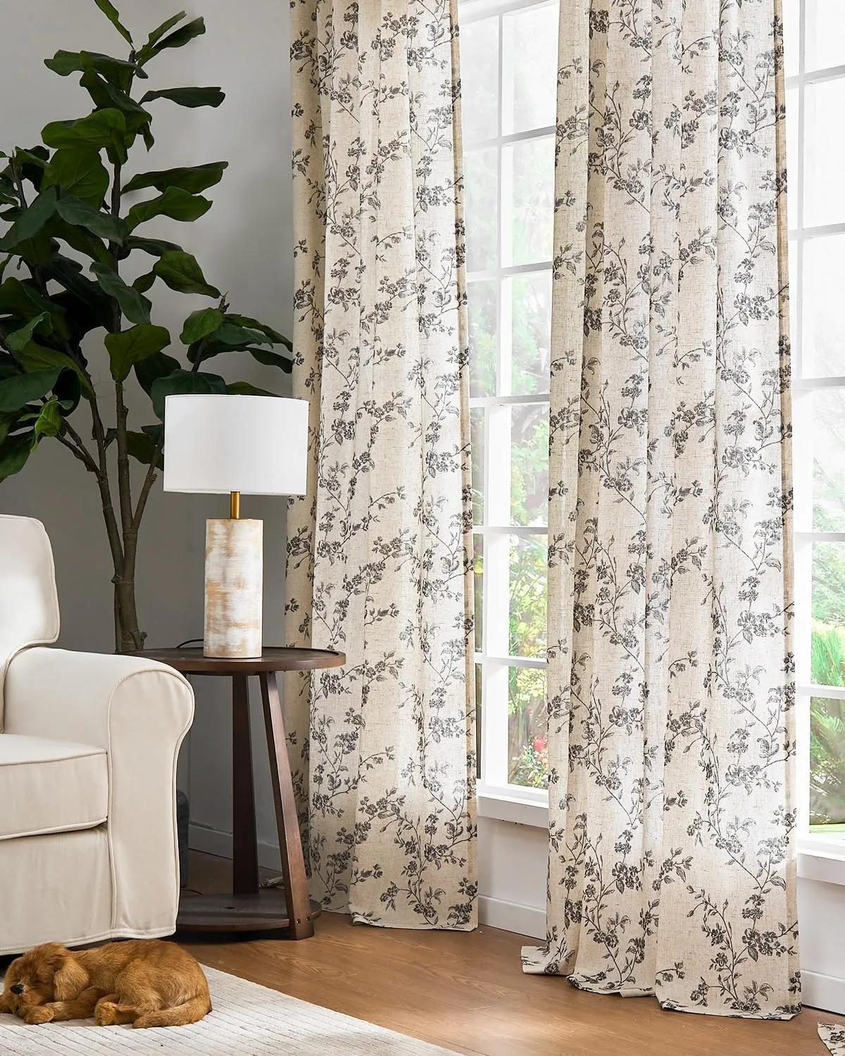 jinchan Linen Floral Curtains for Living Room 63 Inch Length Black Printed Curtains Back Tab French Country Farmhouse Flower Patterned Drapes Bedroom Window Curtain Set 2 Panels